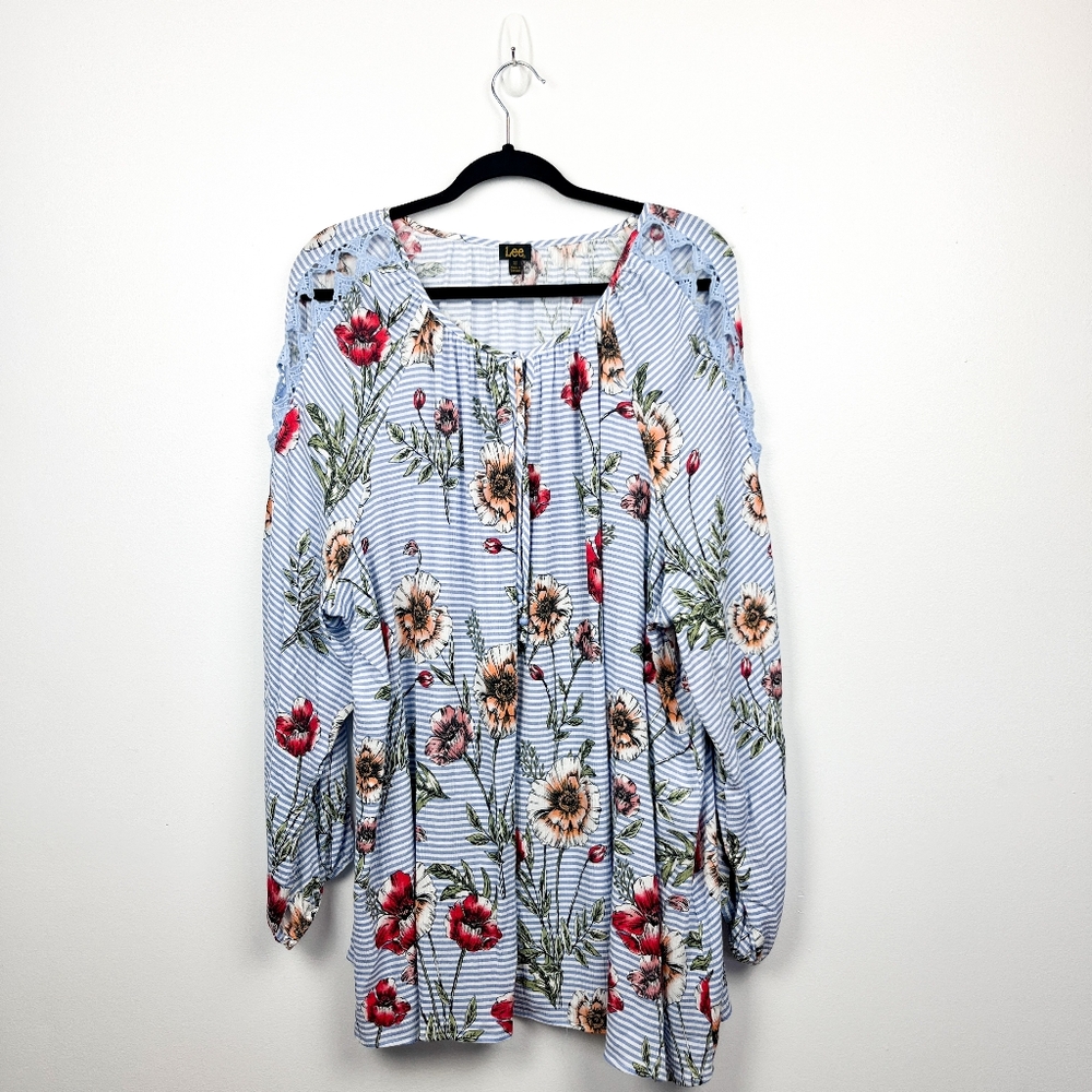 Lee Blue And White Floral Striped Women's Long Sleeve Top